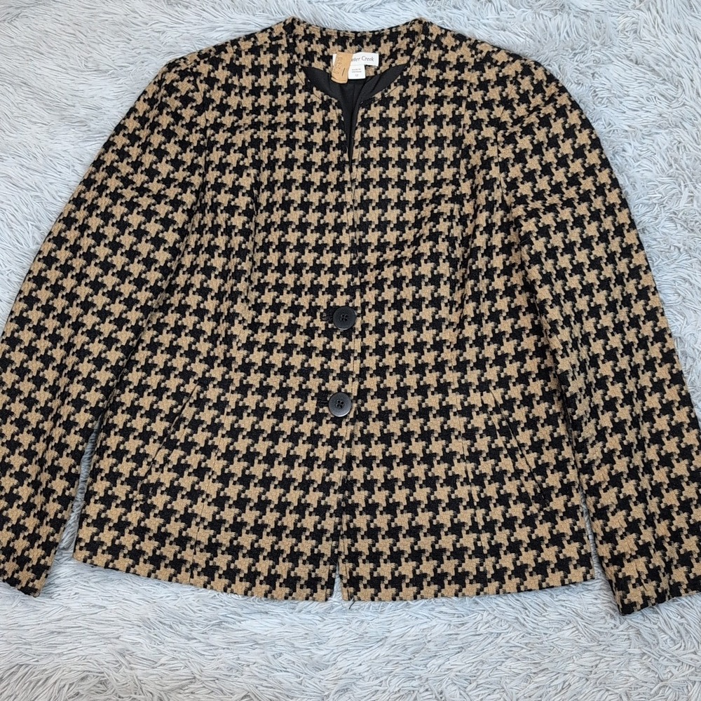 Vintage Coldwater Creek Jacket Womens 12 Beige Black Pockets Button Up Preppy